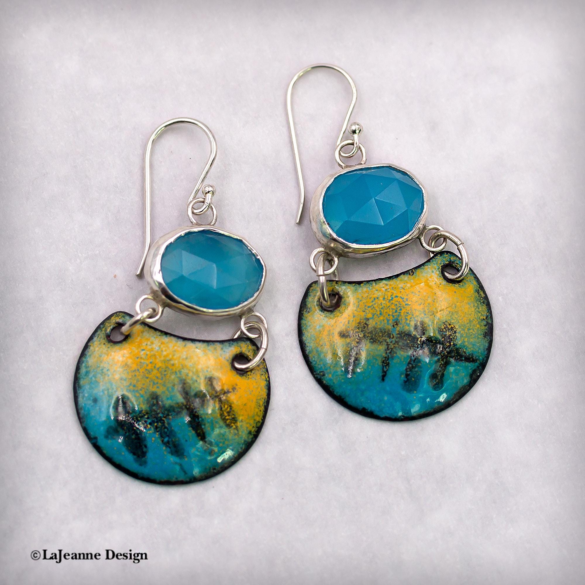 Blue Chalcedony Enamel Sterling Silver Earrings