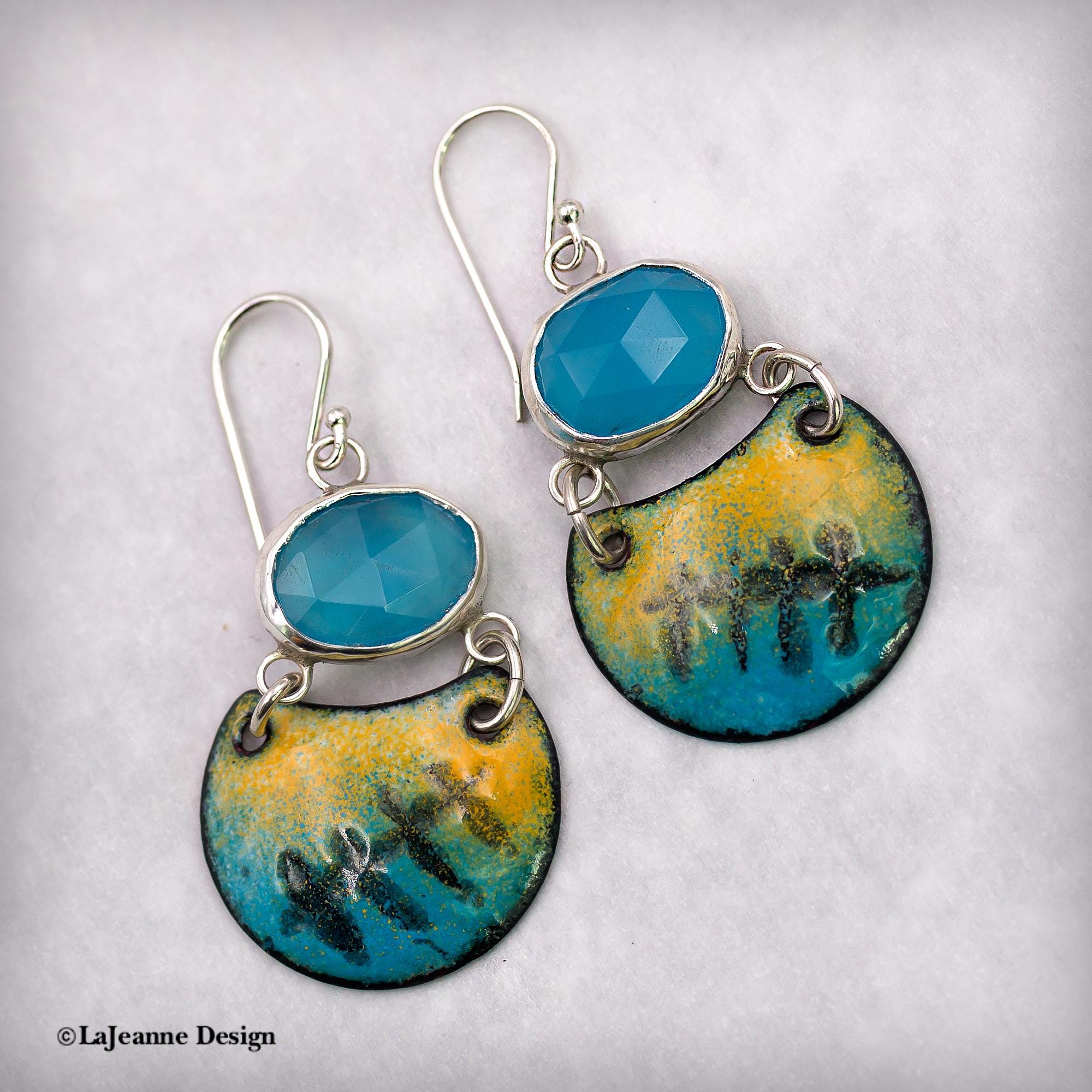 Blue Chalcedony Enamel Sterling Silver Earrings