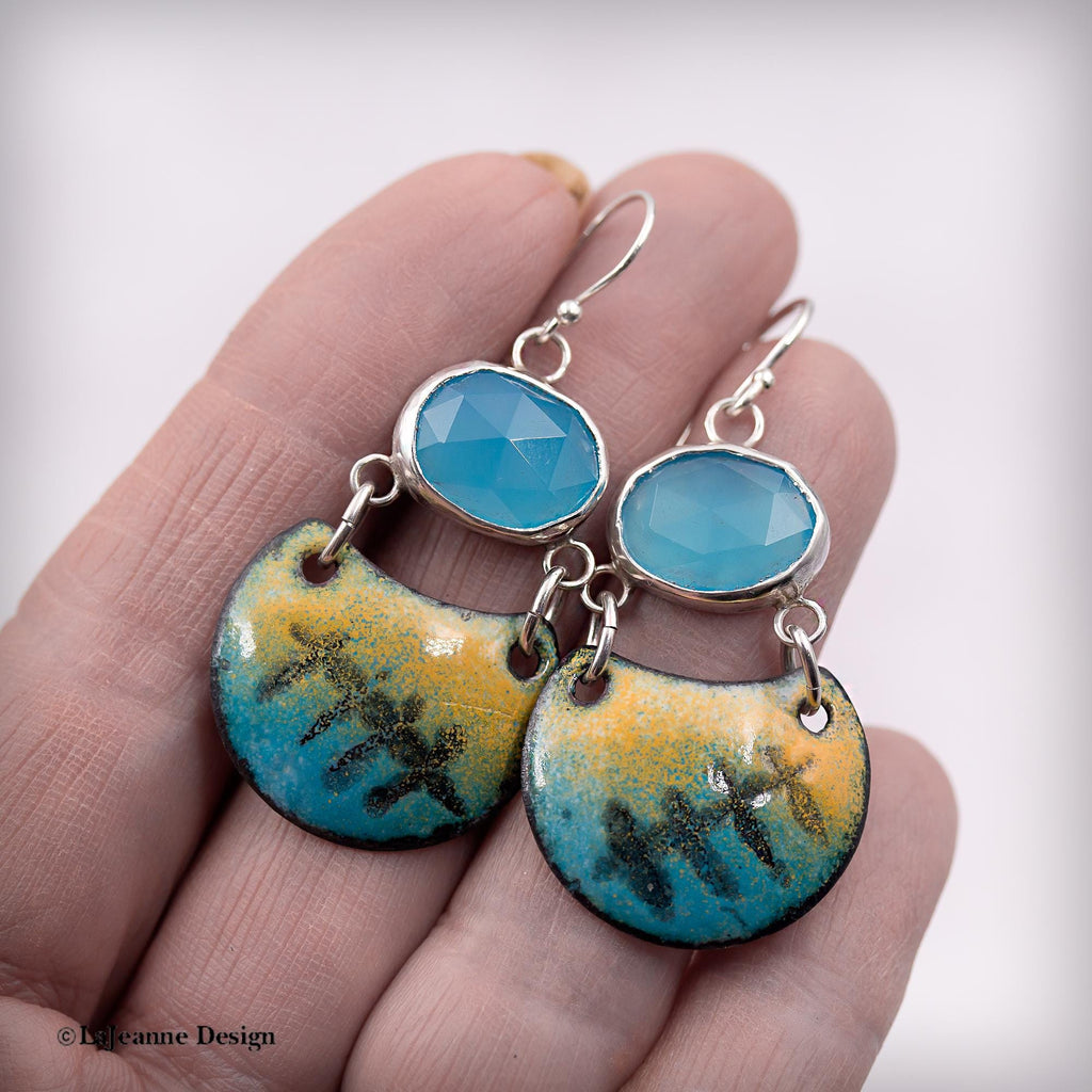 Blue Chalcedony Enamel Sterling Silver Earrings