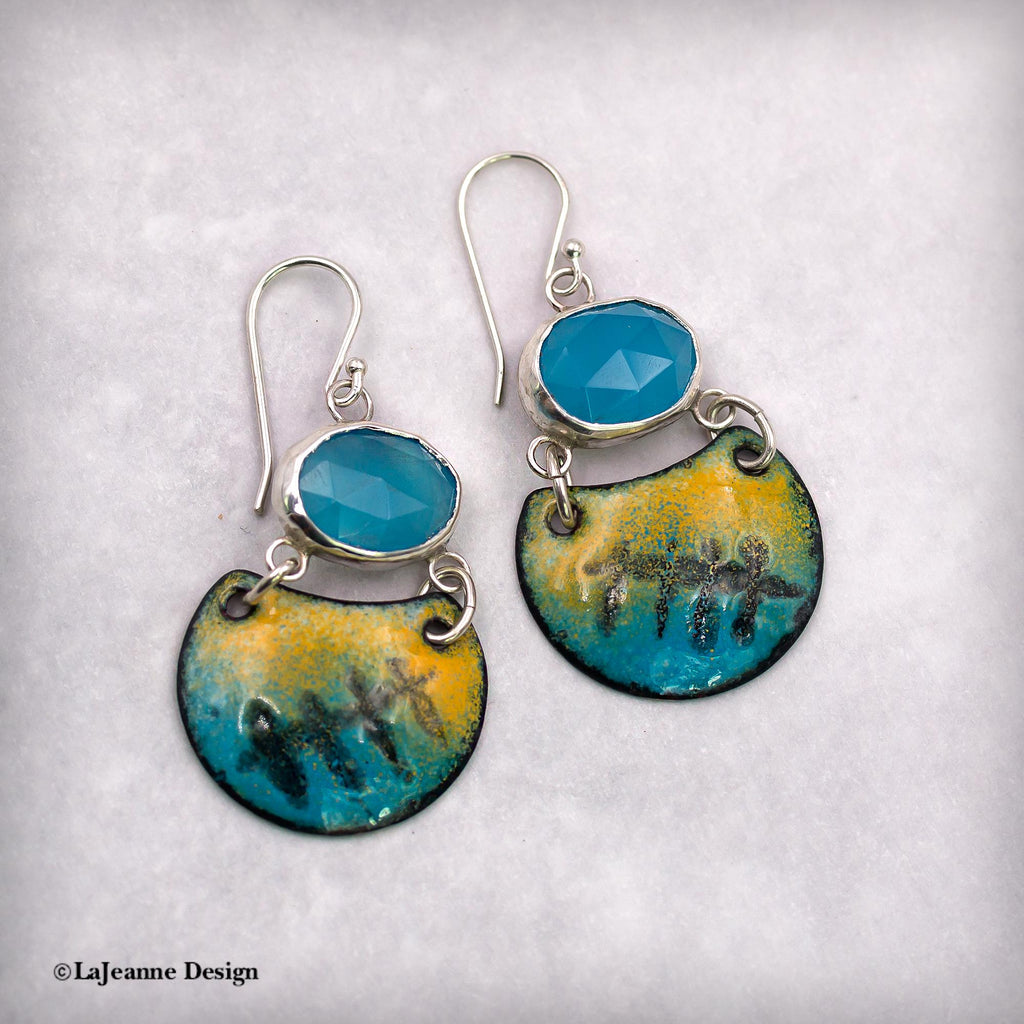 Blue Chalcedony Enamel Sterling Silver Earrings