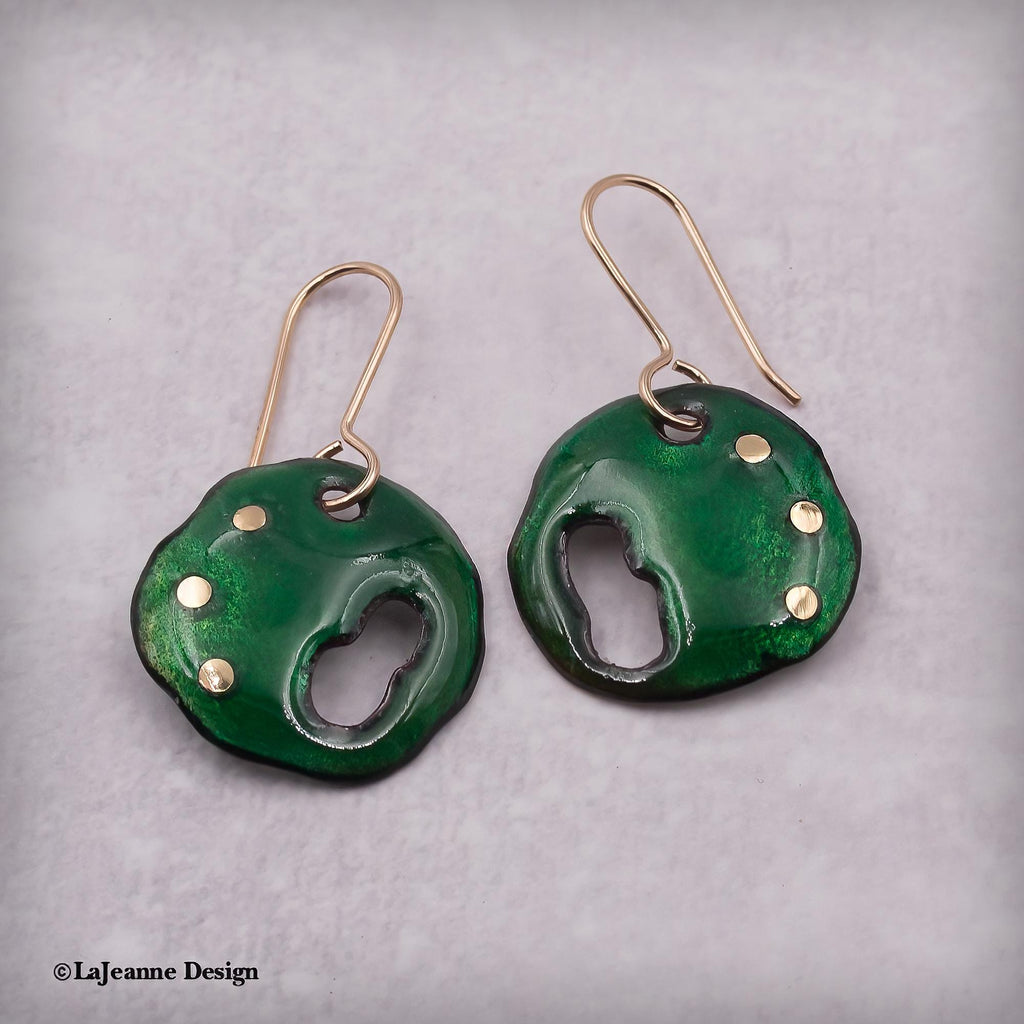 Green Enamel Earrings, 18K Gold Accents