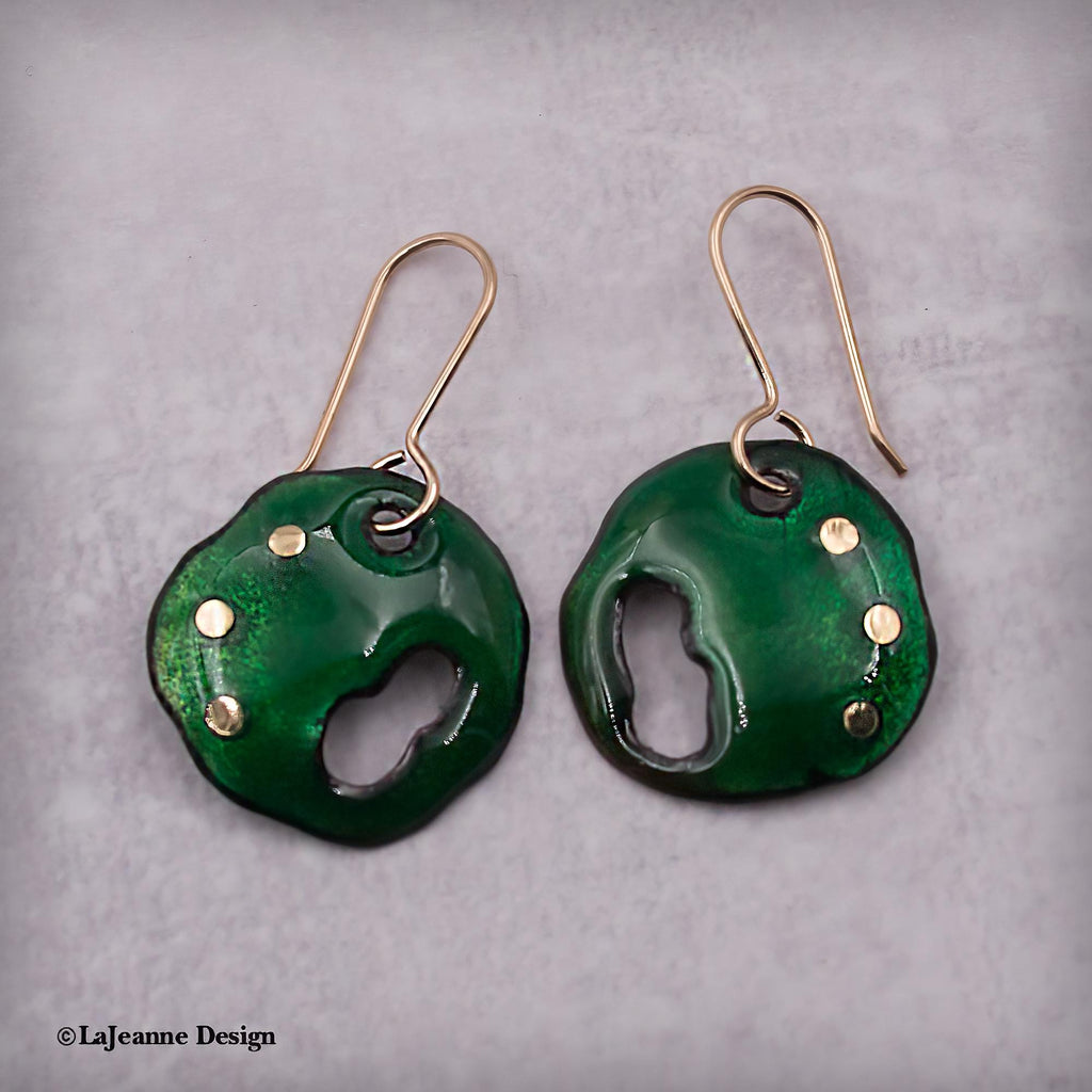 Green Enamel Earrings, 18K Gold Accents