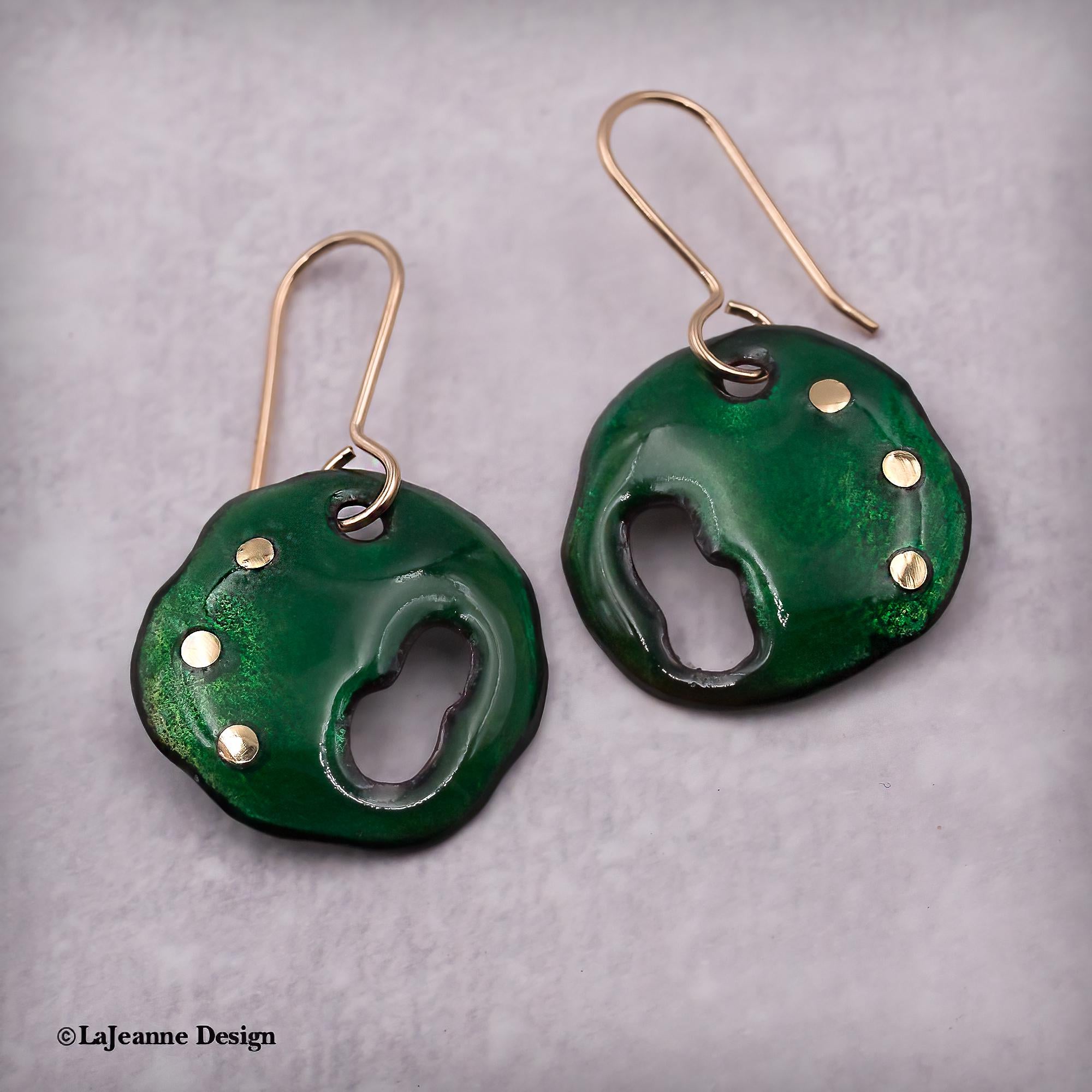 Green Enamel Earrings, 18K Gold Accents