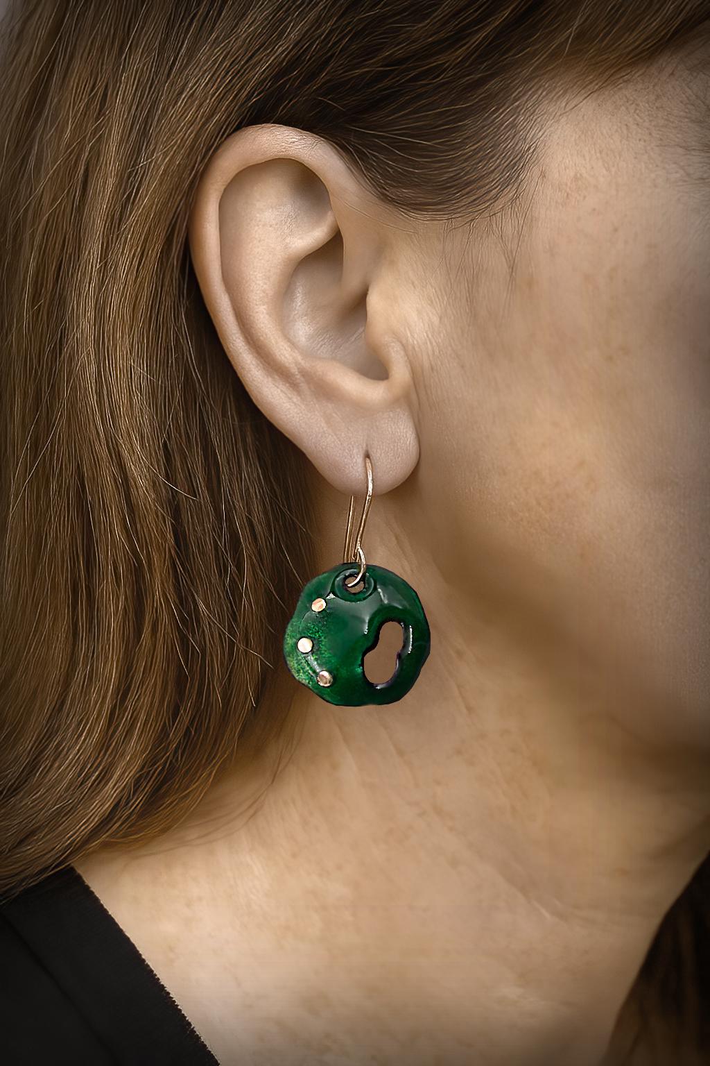 Green Enamel Earrings, 18K Gold Accents
