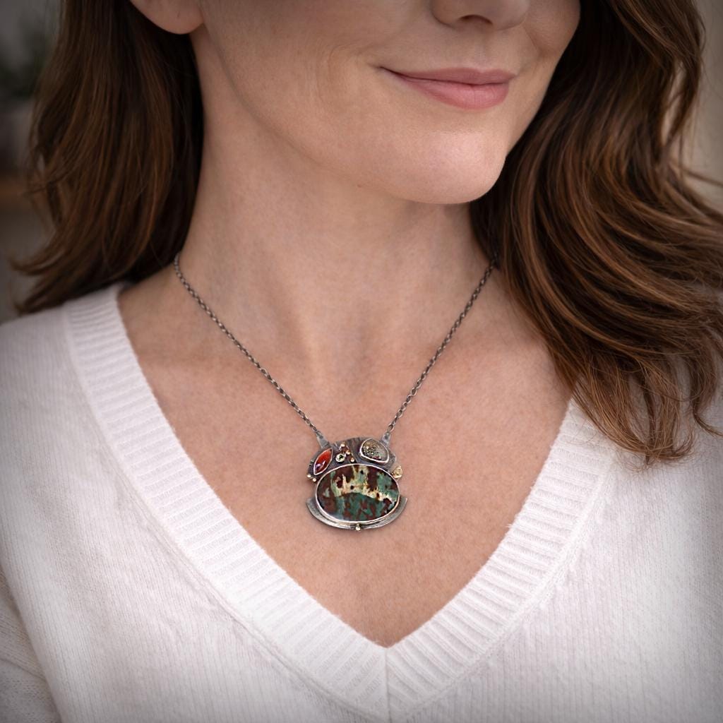 Jasper Garnet, 18k Gold, Druzy Necklace in Sterling Silver