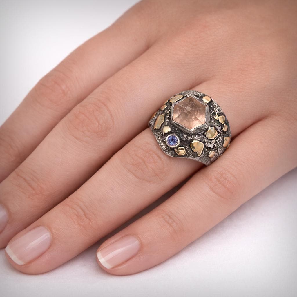 Size 7.25 - Peach Tourmaline, Tanzanite, 18K Gold &amp; Sterling Silver Ring