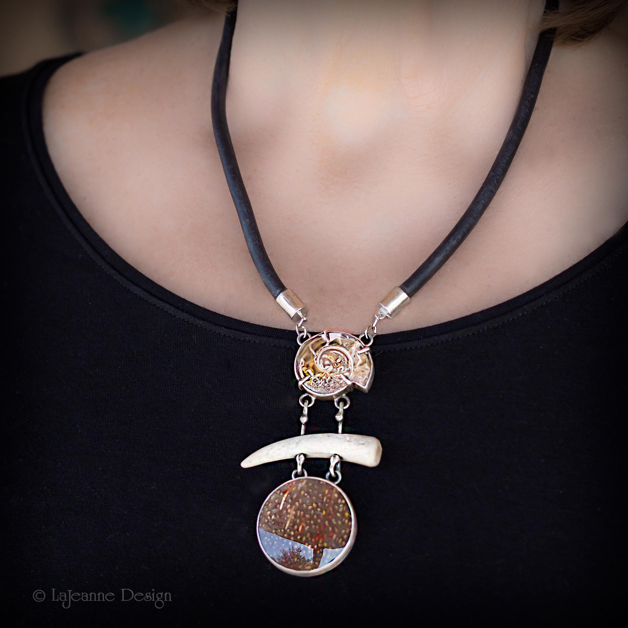 Fossilized Palm Root, Bone & Fossil Shell Necklace