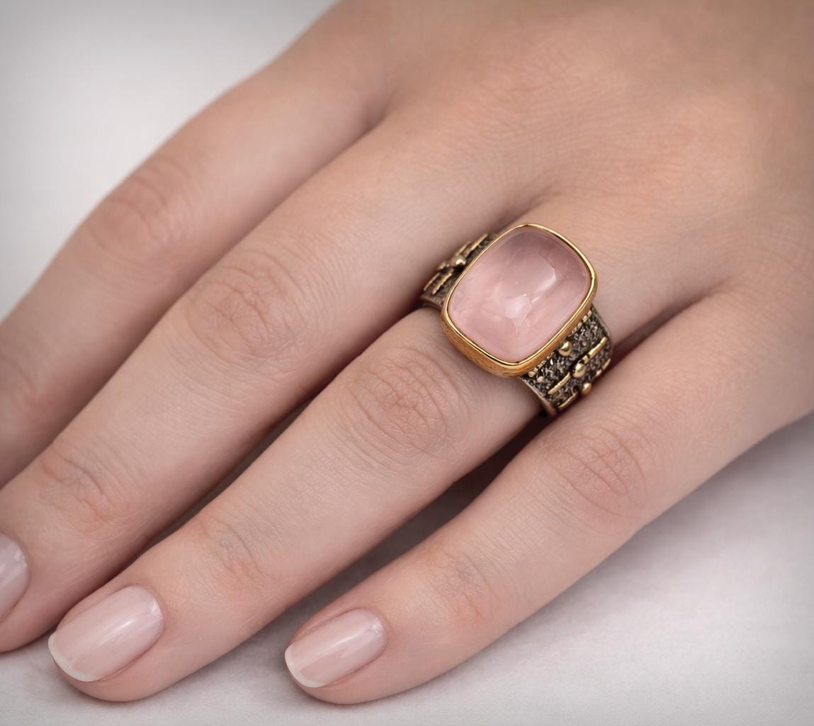Size 8.75 - Rose Quartz 22K Gold & Sterling Silver Ring