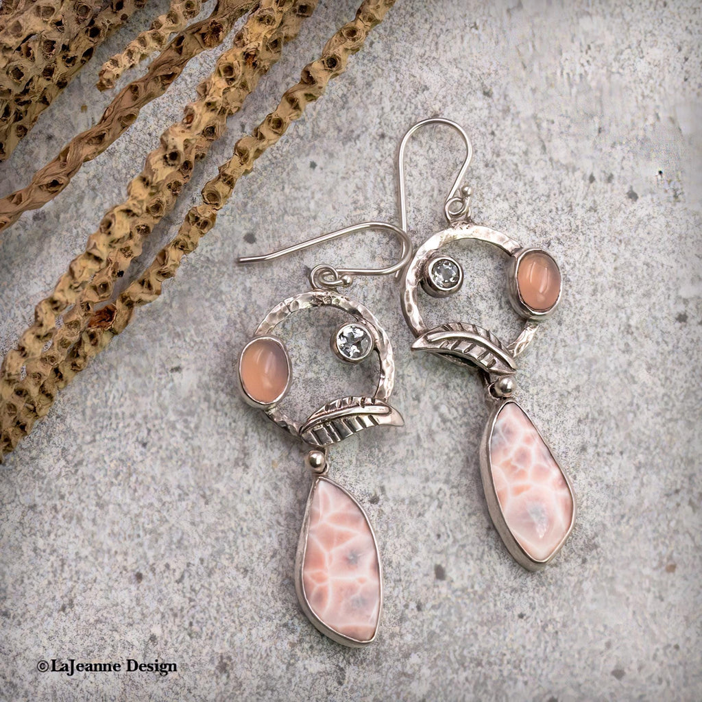 Pink Thomsonite, Chalcedony & Sky Blue Topaz Sterling Silver Earrings