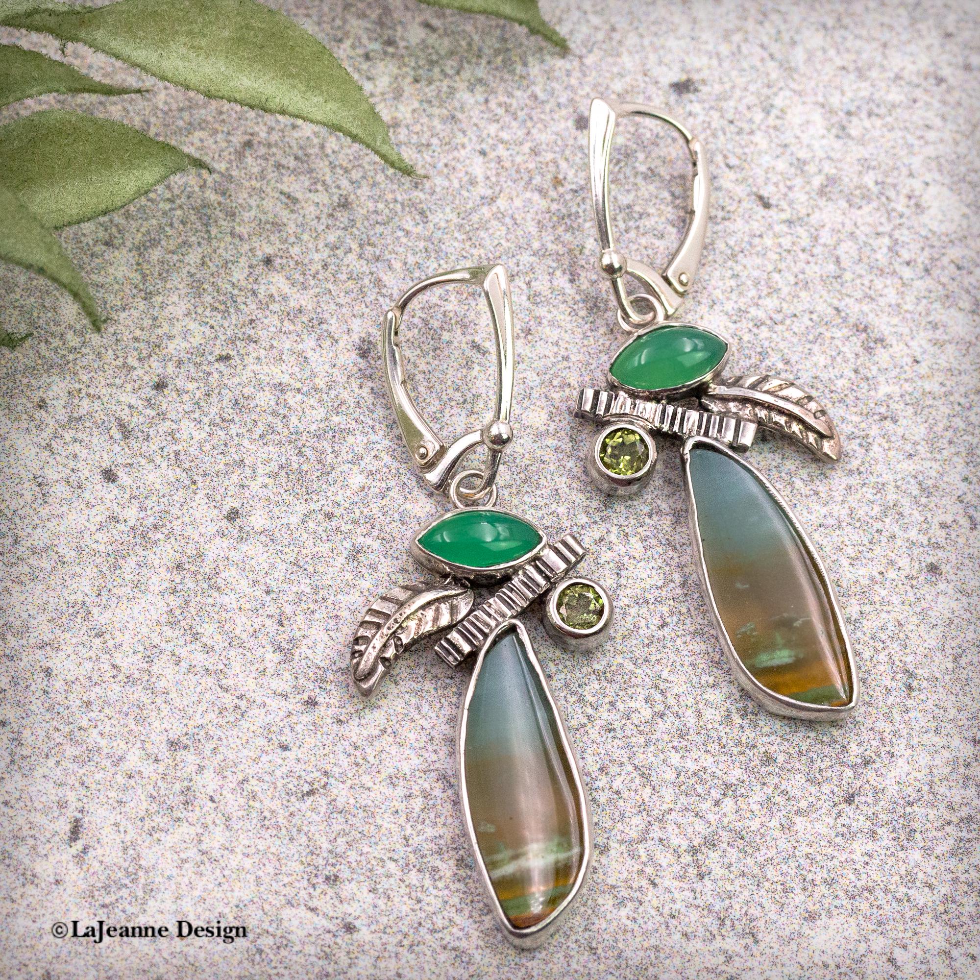 Opalized Petrified Wood, Green Chalcedony, Peridot Sterling Silver Earrings | Nature Inspired