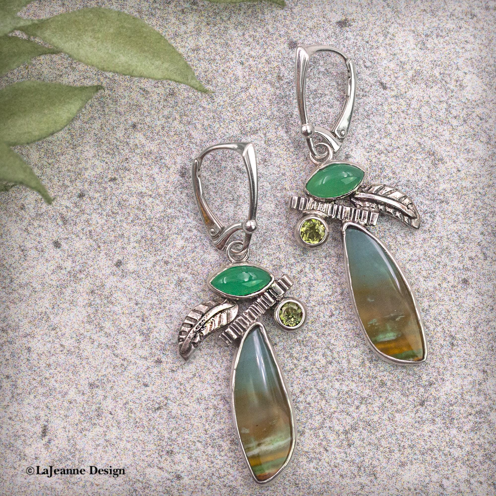 Opalized Petrified Wood, Green Chalcedony, Peridot Sterling Silver Earrings | Nature Inspired