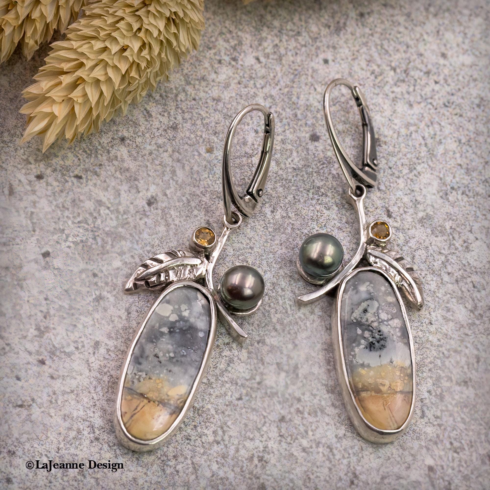 Maligano Jasper, Black Pearl & Citrine Sterling Silver Earrings