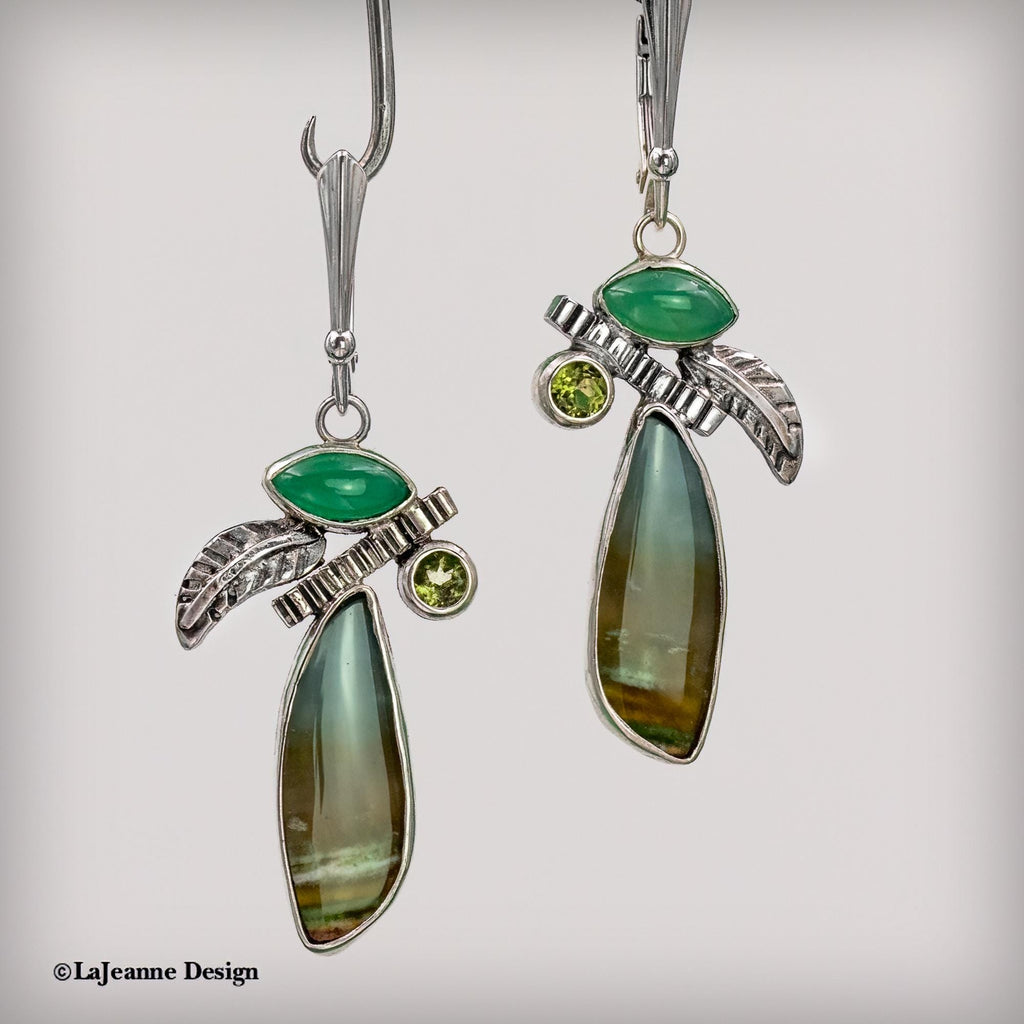 Opalized Petrified Wood, Green Chalcedony, Peridot Sterling Silver Earrings | Nature Inspired
