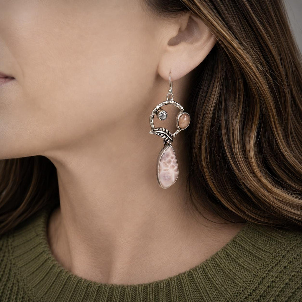 Pink Thomsonite, Chalcedony & Sky Blue Topaz Sterling Silver Earrings