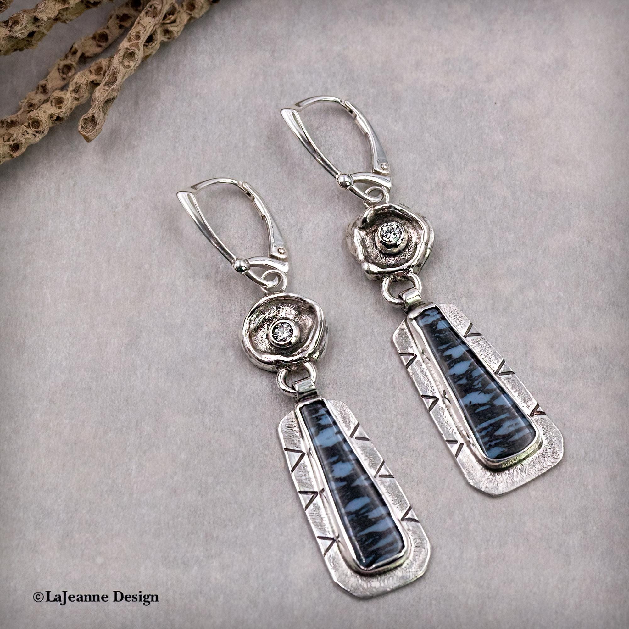 Blue Fossil Palmwood Sterling Silver Earrings