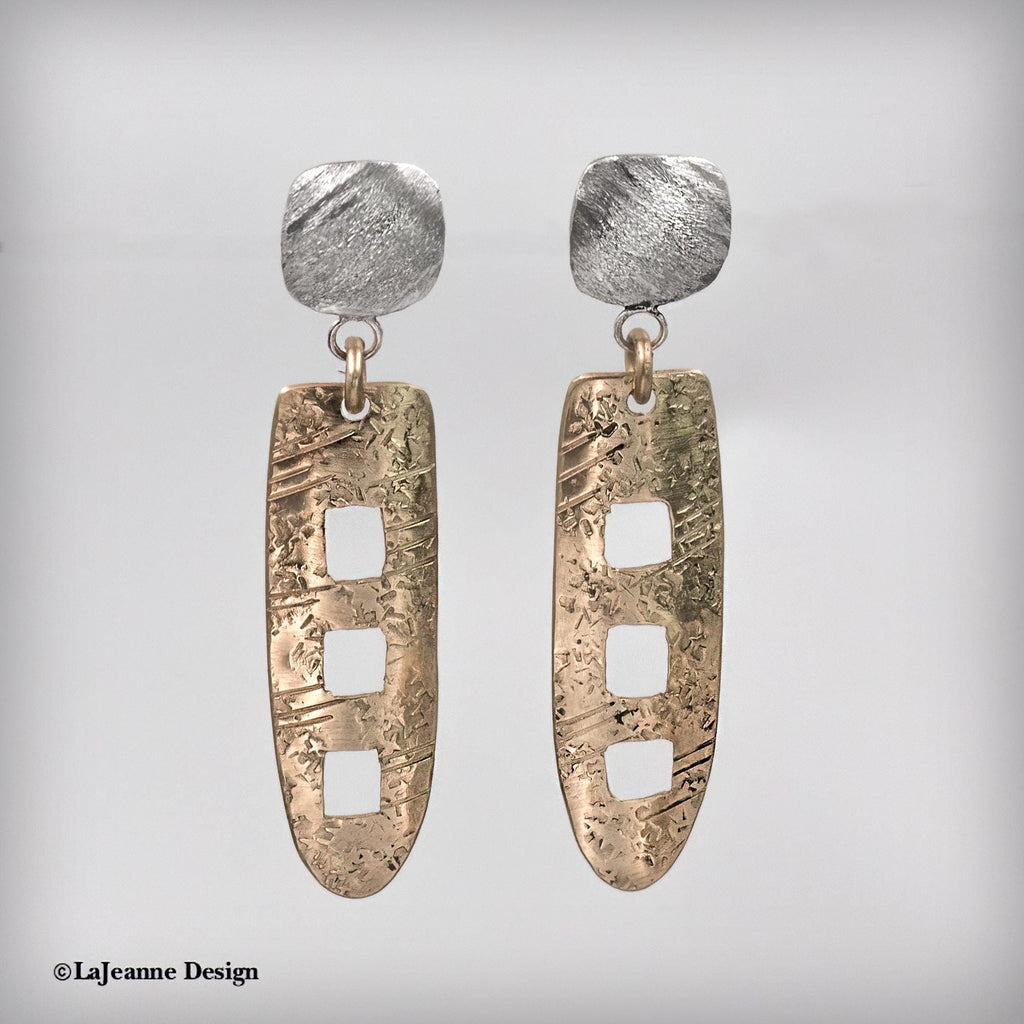 Textured Brass & Sterling Silver Earrings