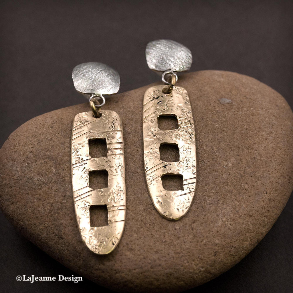 Textured Brass & Sterling Silver Earrings