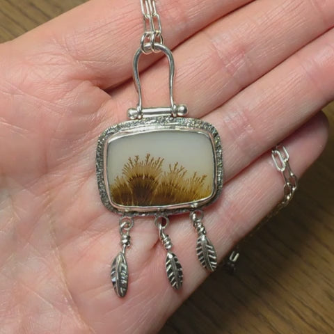 Dendritic Agate and Silver Feather Necklace
