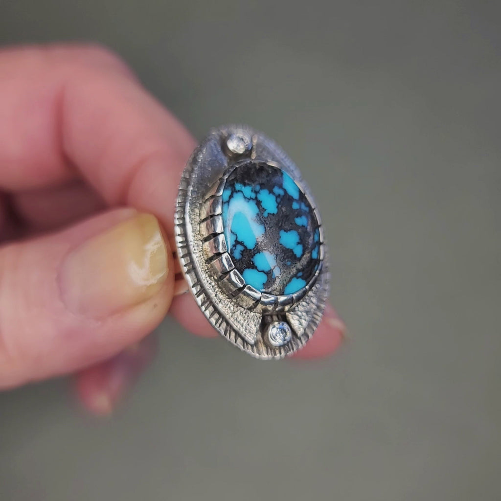 Size 9 - Egyptian Turquoise & Moissanite Sterling Silver Ring