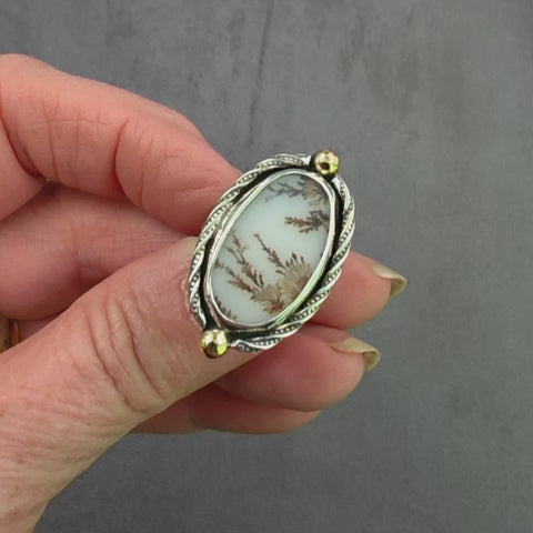 Size 7.5 - Dendritic Agate Sterling Silver Ring with 18K Gold
